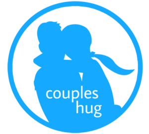 S blue silhouette of a couple in a circle withg the words "couples hug" below them